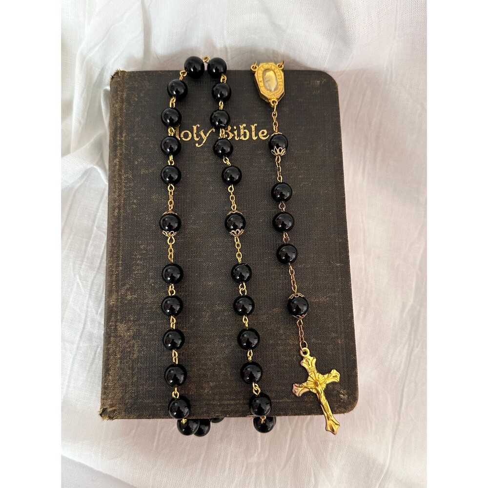 Vintage Lourdes Rosary Black Glass Beads Gold Tone Crucifix Catholic Prayer